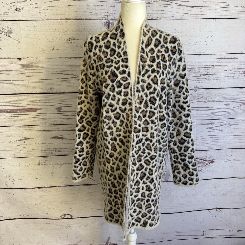 ALYA Cardigan Womens Size S Black White Cheetah Print Open Front Fuzzy Duster